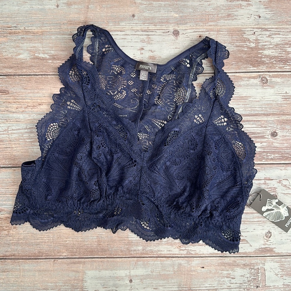 Fleurt Lace T Back Bralette Blue XL NWT
